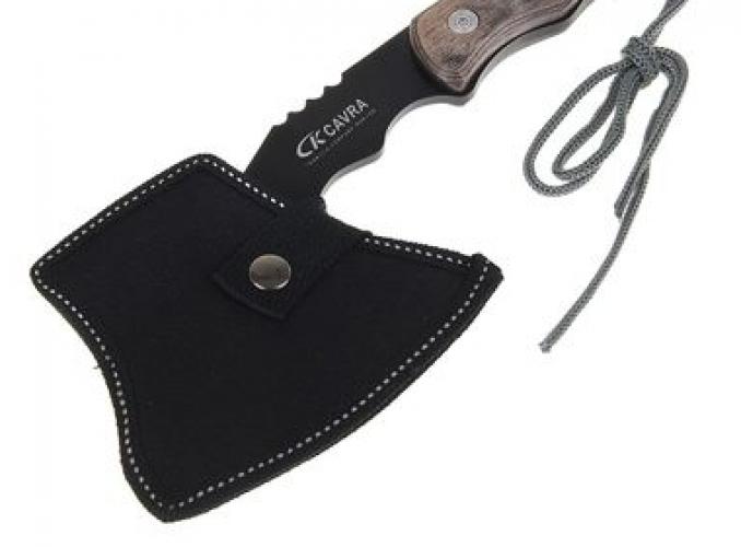 Топор туристический, дерев. рукоять, 3 прорези в лезвии,крюк на обухе, д.л. 15 см, д.р.12см