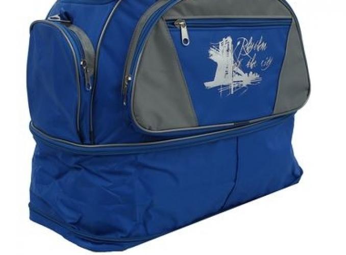 Сумка дорожная на молнии, 1 отдел, 3 наружных кармана, длинный ремень, синий/серый